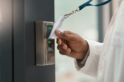 man using security card scanner